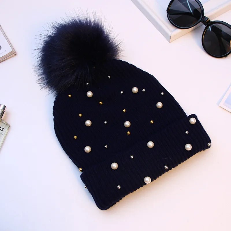 2025 Women Winter Fashion Hat Pompom Balls Cap Pearls Rhinestones Knitted Wool Beanie Casual Outdoor Warm Hats - PratSN