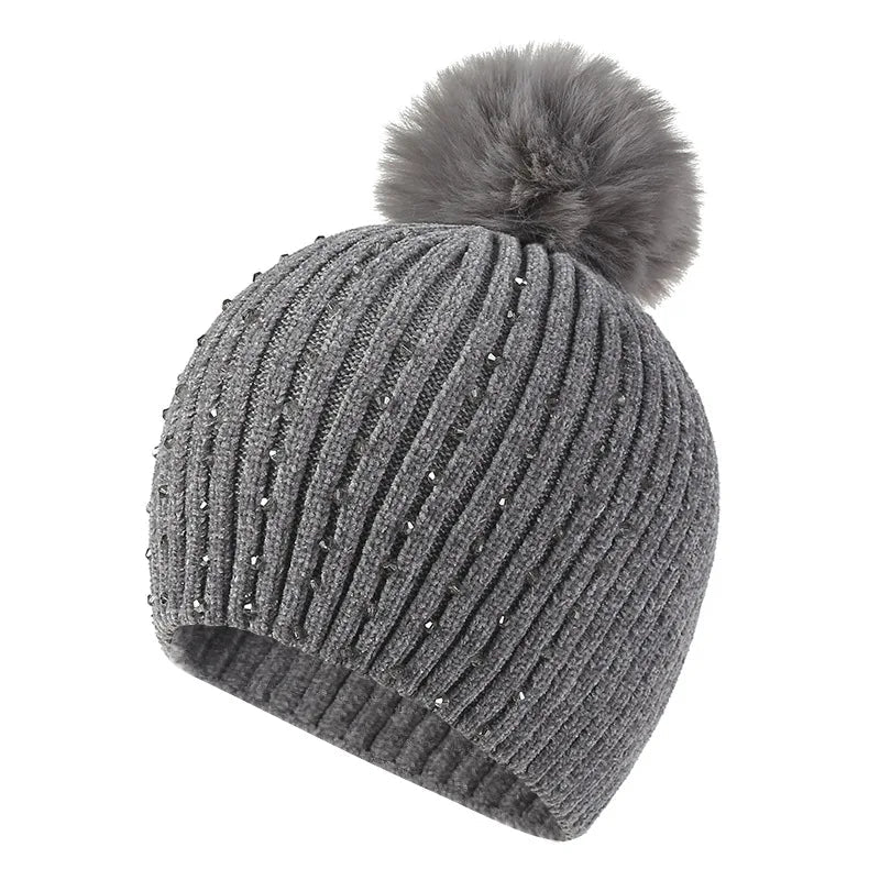 2025 Women Winter Fashion Hat Pompom Balls Cap Pearls Rhinestones Knitted Wool Beanie Casual Outdoor Warm Hats - PratSN