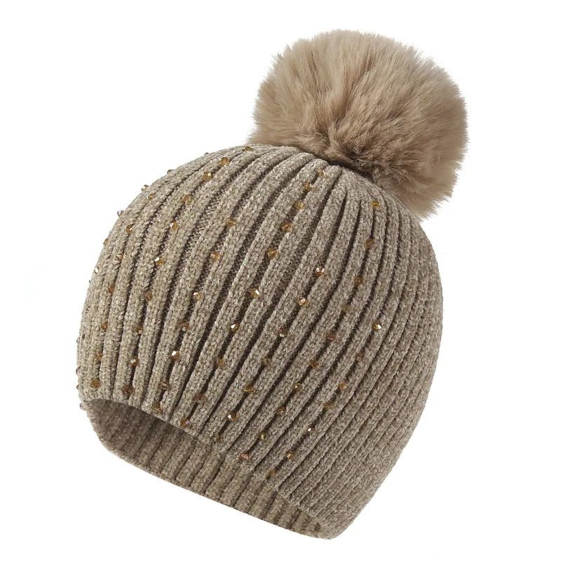 2025 Women Winter Fashion Hat Pompom Balls Cap Pearls Rhinestones Knitted Wool Beanie Casual Outdoor Warm Hats - PratSN