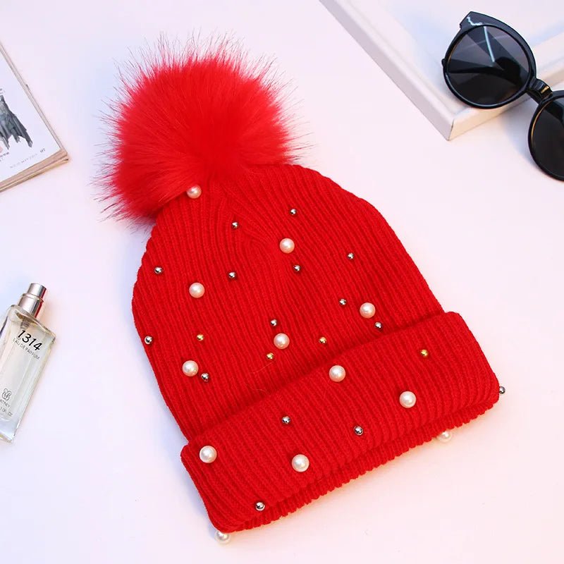 2025 Women Winter Fashion Hat Pompom Balls Cap Pearls Rhinestones Knitted Wool Beanie Casual Outdoor Warm Hats - PratSN