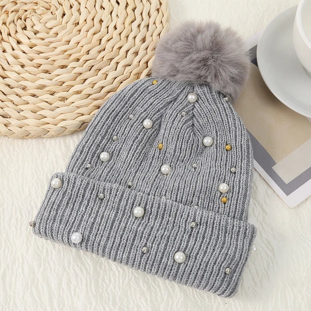 2025 Women Winter Fashion Hat Pompom Balls Cap Pearls Rhinestones Knitted Wool Beanie Casual Outdoor Warm Hats - PratSN