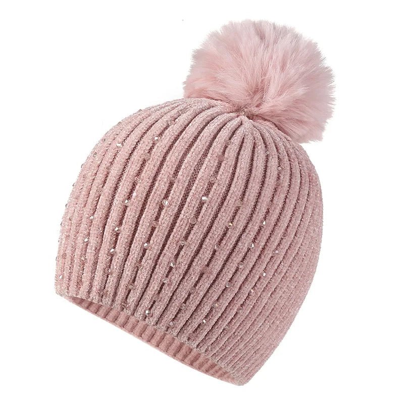 2025 Women Winter Fashion Hat Pompom Balls Cap Pearls Rhinestones Knitted Wool Beanie Casual Outdoor Warm Hats - PratSN