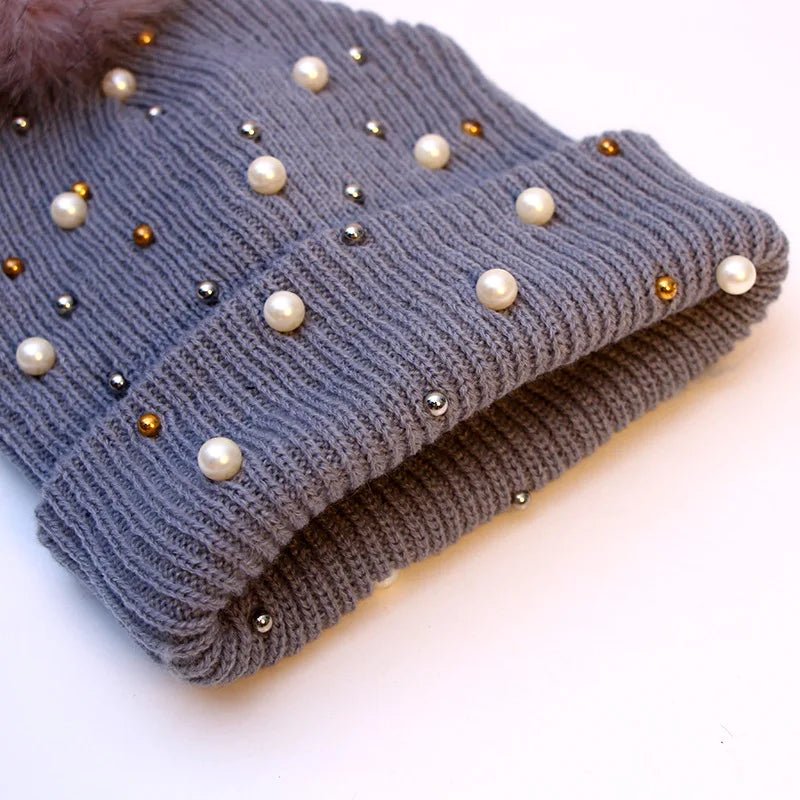 2025 Women Winter Fashion Hat Pompom Balls Cap Pearls Rhinestones Knitted Wool Beanie Casual Outdoor Warm Hats - PratSN