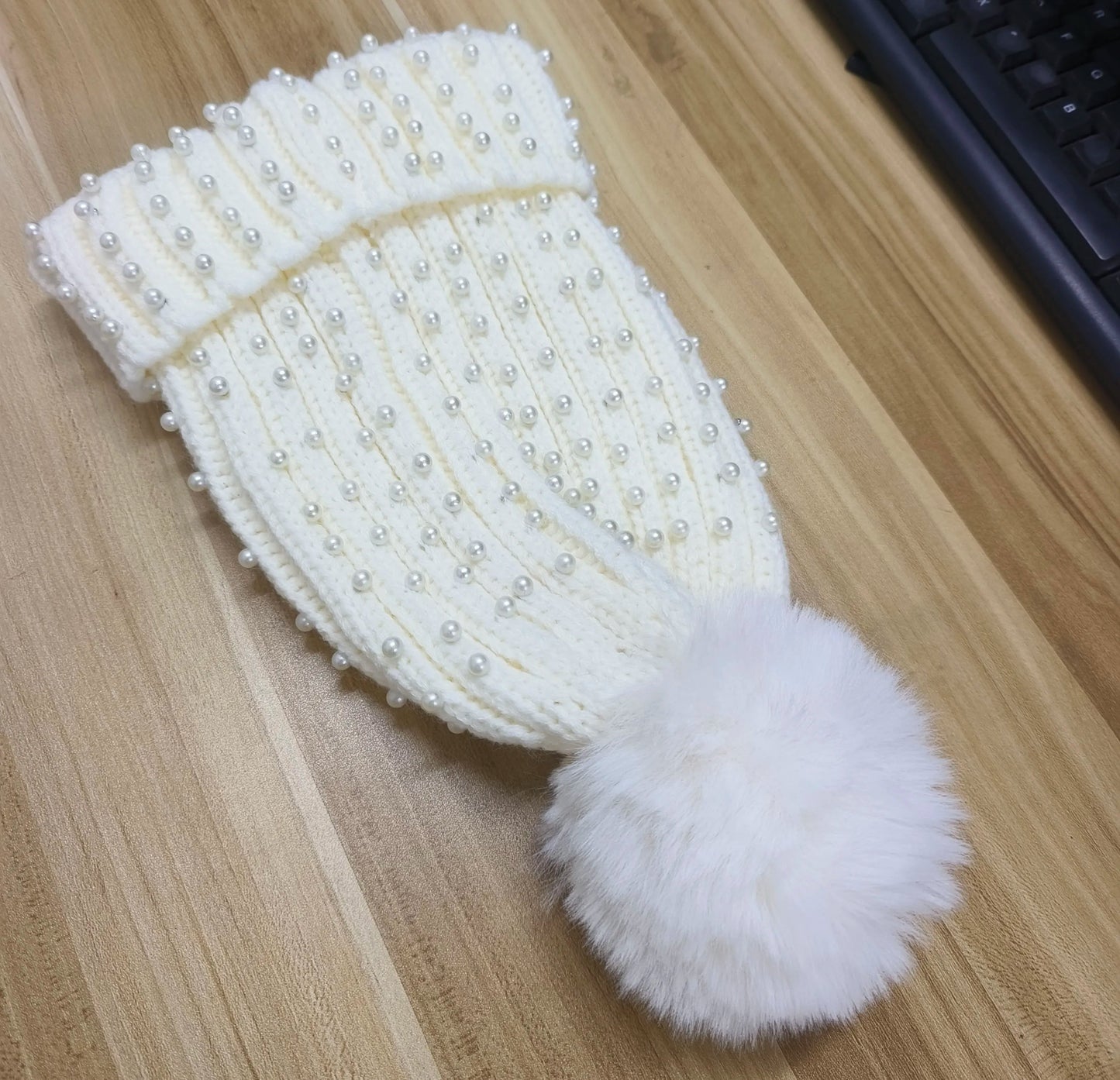 2025 Women Winter Fashion Hat Pompom Balls Cap Pearls Rhinestones Knitted Wool Beanie Casual Outdoor Warm Hats - PratSN