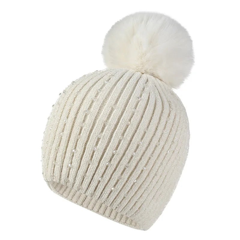 2025 Women Winter Fashion Hat Pompom Balls Cap Pearls Rhinestones Knitted Wool Beanie Casual Outdoor Warm Hats - PratSN
