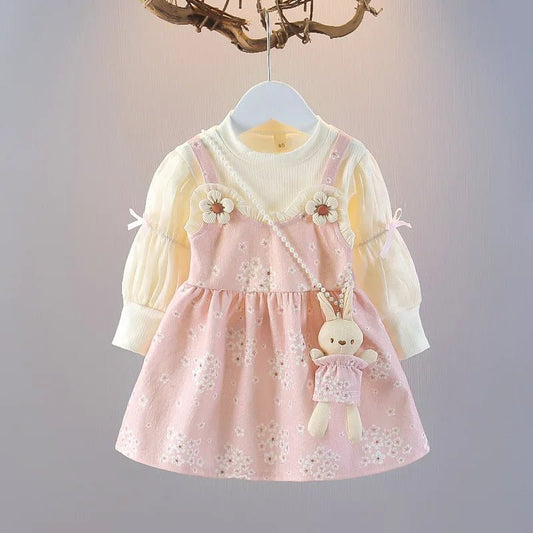 2025Girls Floral Print Dress 2 - piece Set Spring Autumn Baby Toddler Dress With Bunny Accessories Fashion Outfit - PratSN