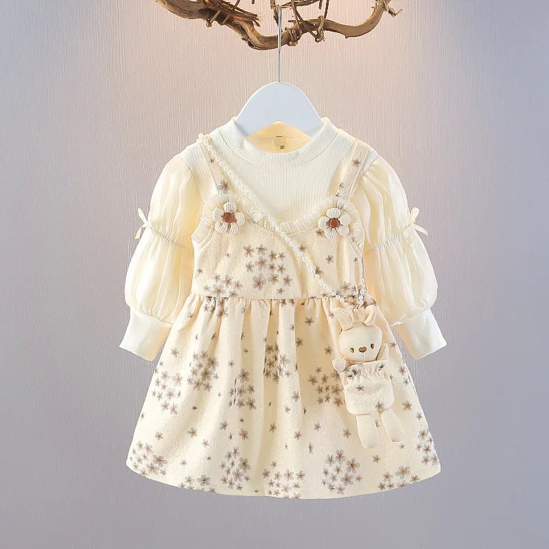 2025Girls Floral Print Dress 2 - piece Set Spring Autumn Baby Toddler Dress With Bunny Accessories Fashion Outfit - PratSN