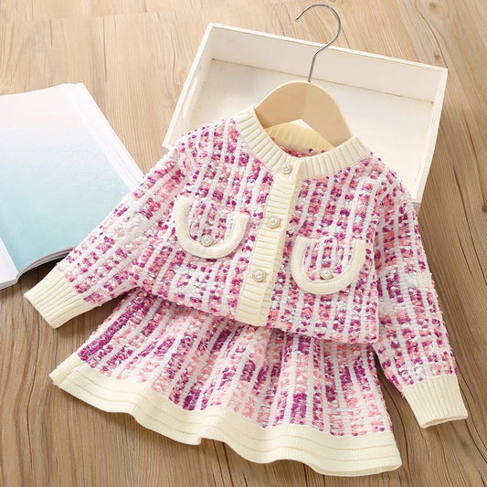 2025New Girls' Knitted Fashionable Set 0 - 6 Year Old Little Fragrant Baby Girls' Top and Bottom Warm Girls' Knitted Sweater - PratSN
