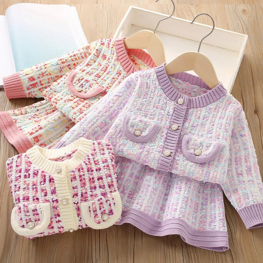 2025New Girls' Knitted Fashionable Set 0 - 6 Year Old Little Fragrant Baby Girls' Top and Bottom Warm Girls' Knitted Sweater - PratSN