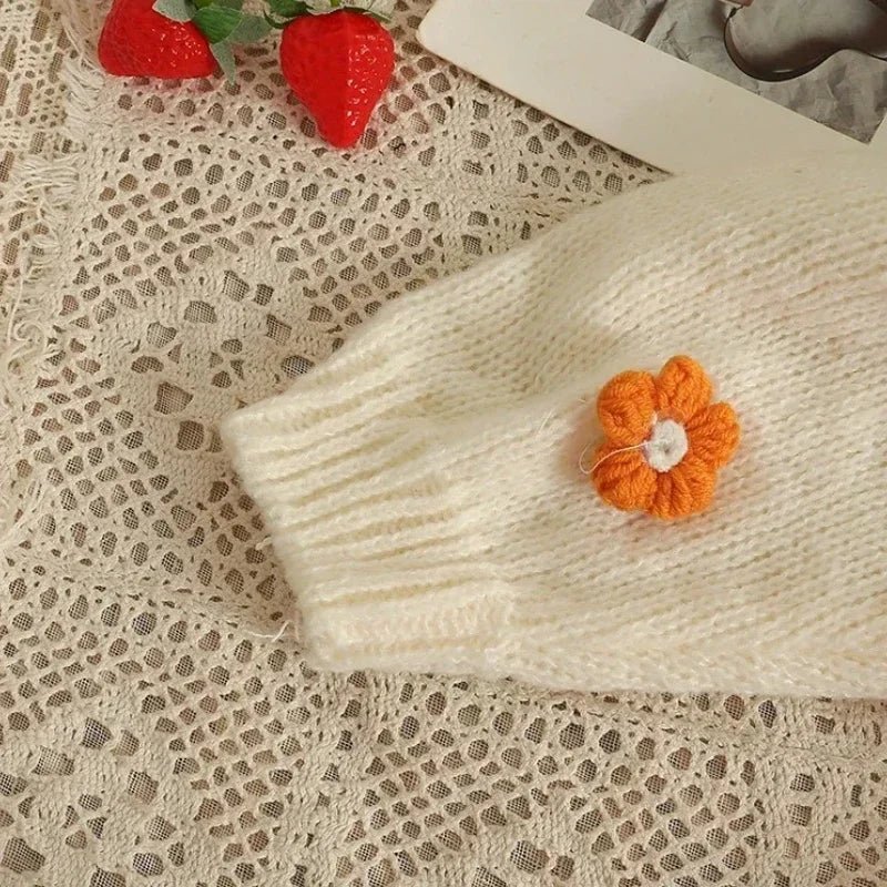 2026 New Spring Autumn Colourful Applique Flower Cardigan For Women Girl Cute Soft Knitwear Long V - neck Knit Crop Sweater - PratSN