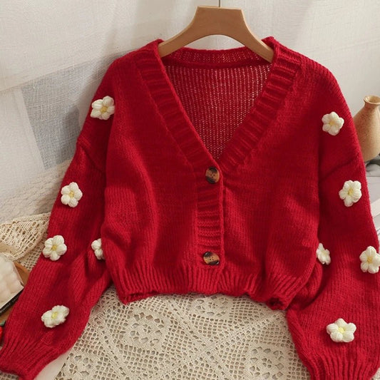 2026 New Spring Autumn Colourful Applique Flower Cardigan For Women Girl Cute Soft Knitwear Long V - neck Knit Crop Sweater - PratSN