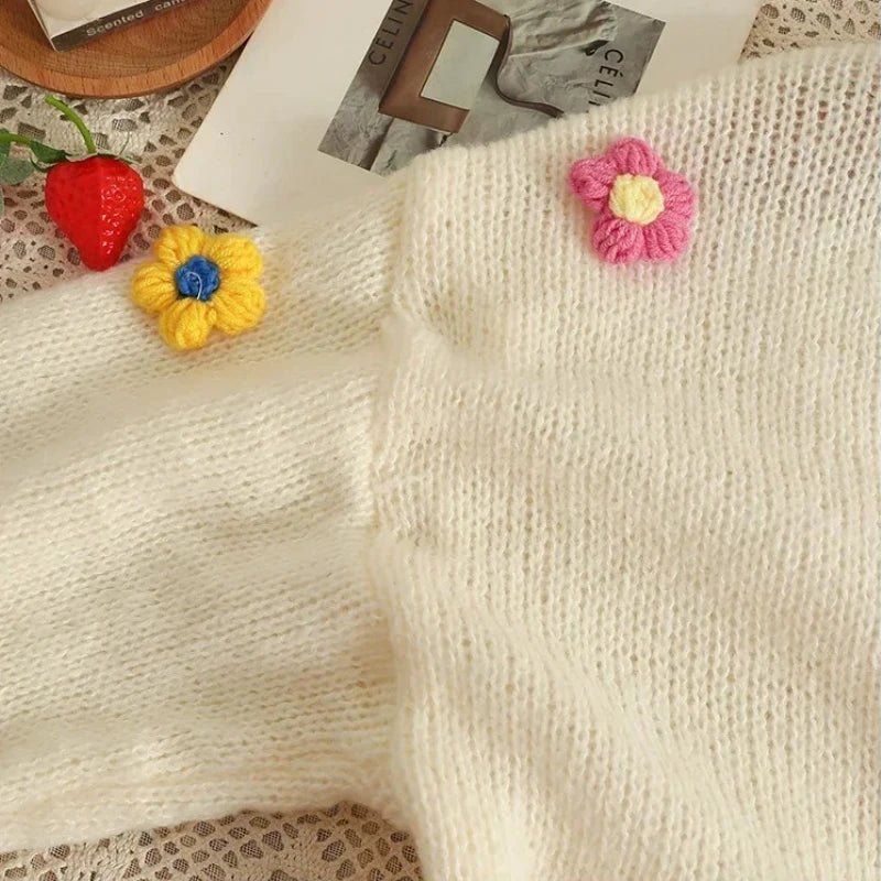 2026 New Spring Autumn Colourful Applique Flower Cardigan For Women Girl Cute Soft Knitwear Long V - neck Knit Crop Sweater - PratSN