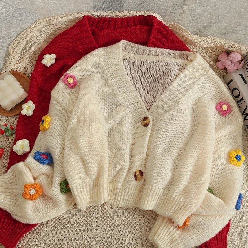 2026 New Spring Autumn Colourful Applique Flower Cardigan For Women Girl Cute Soft Knitwear Long V - neck Knit Crop Sweater - PratSN