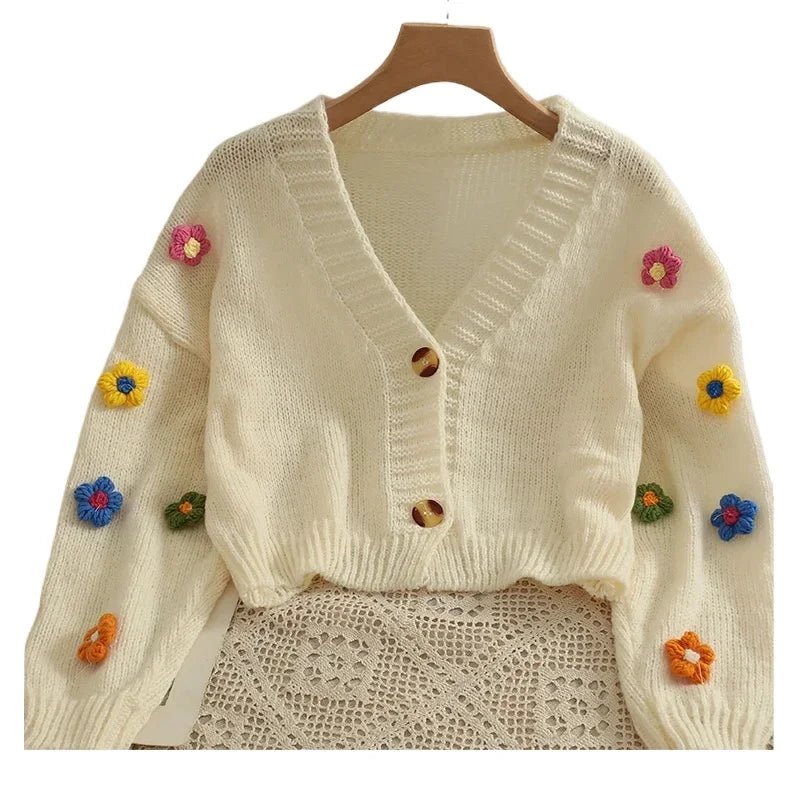 2026 New Spring Autumn Colourful Applique Flower Cardigan For Women Girl Cute Soft Knitwear Long V - neck Knit Crop Sweater - PratSN