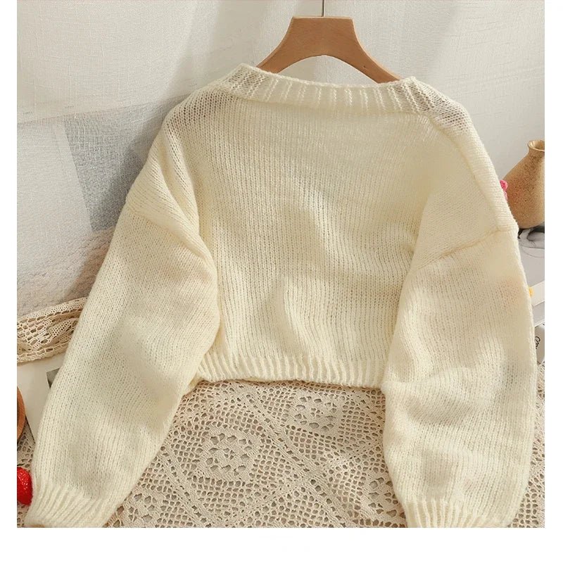 2026 New Spring Autumn Colourful Applique Flower Cardigan For Women Girl Cute Soft Knitwear Long V - neck Knit Crop Sweater - PratSN