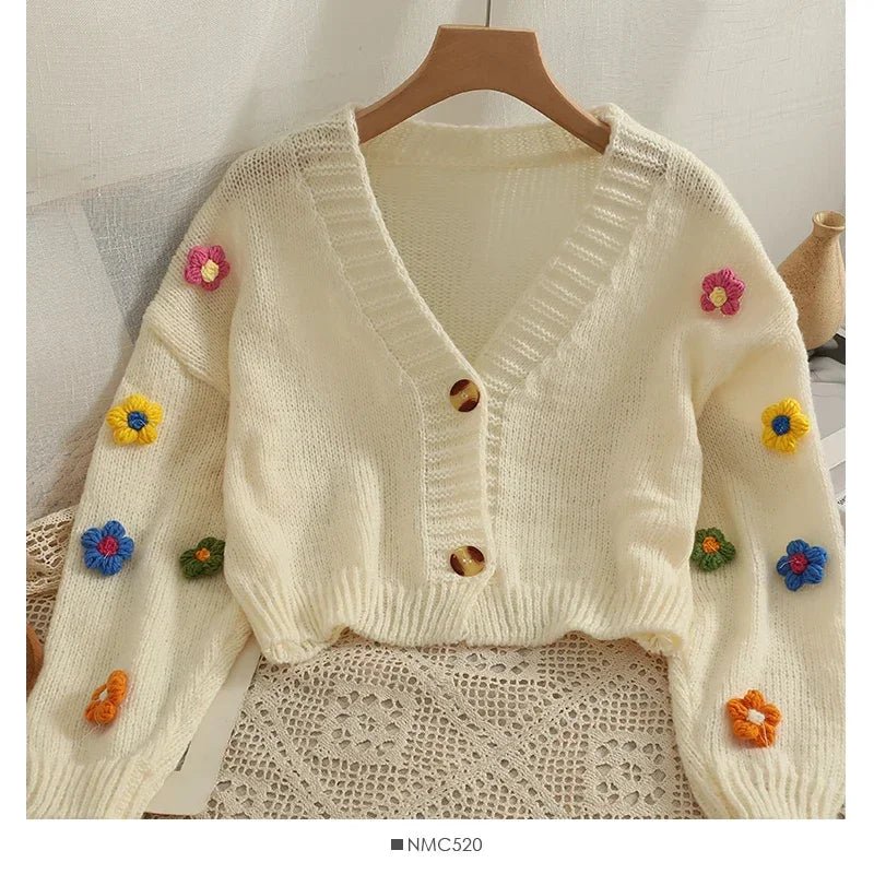 2026 New Spring Autumn Colourful Applique Flower Cardigan For Women Girl Cute Soft Knitwear Long V - neck Knit Crop Sweater - PratSN