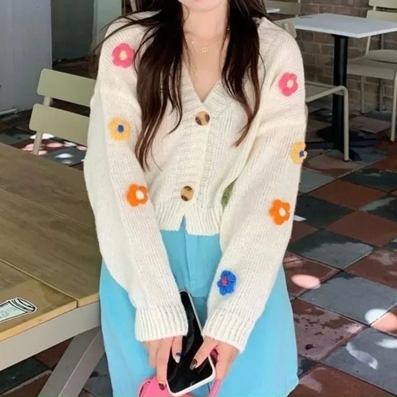 2026 New Spring Autumn Colourful Applique Flower Cardigan For Women Girl Cute Soft Knitwear Long V - neck Knit Crop Sweater - PratSN