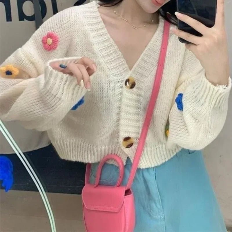 2026 New Spring Autumn Colourful Applique Flower Cardigan For Women Girl Cute Soft Knitwear Long V - neck Knit Crop Sweater - PratSN