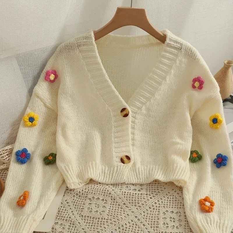 2026 New Spring Autumn Colourful Applique Flower Cardigan For Women Girl Cute Soft Knitwear Long V - neck Knit Crop Sweater - PratSN