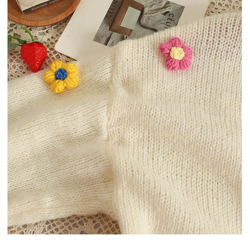 2026 New Spring Autumn Colourful Applique Flower Cardigan For Women Girl Cute Soft Knitwear Long V - neck Knit Crop Sweater - PratSN