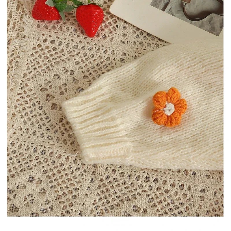 2026 New Spring Autumn Colourful Applique Flower Cardigan For Women Girl Cute Soft Knitwear Long V - neck Knit Crop Sweater - PratSN