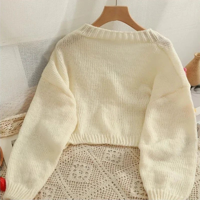 2026 New Spring Autumn Colourful Applique Flower Cardigan For Women Girl Cute Soft Knitwear Long V - neck Knit Crop Sweater - PratSN