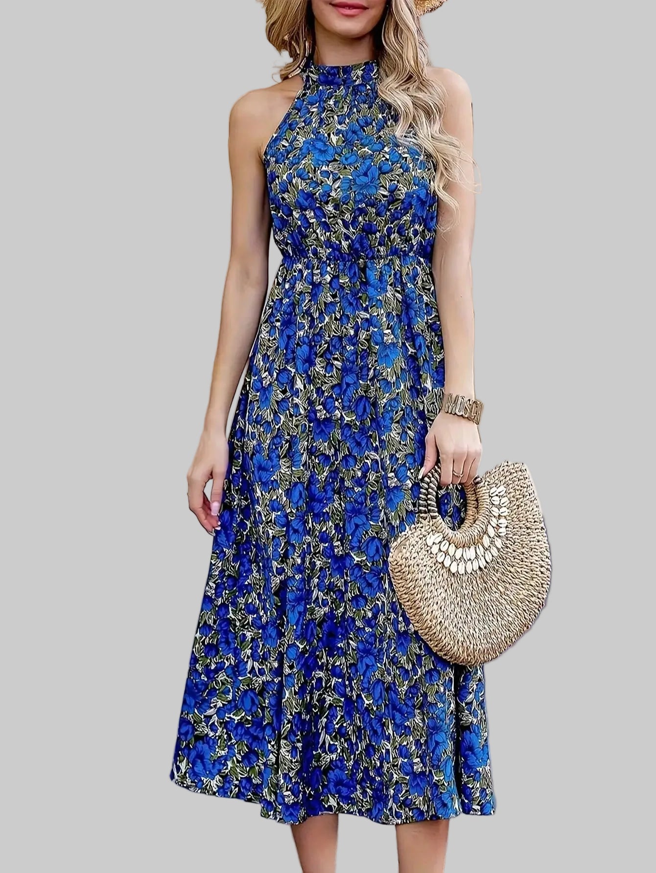 2026 summer casual elegant sleeveless dress, floral print round neck fashionable vacation style, casual shopping - PratSN