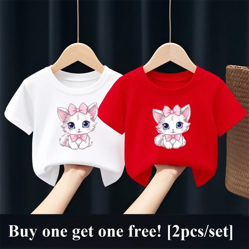 2pcs Girls Fashion Summer T Shirt Cute Pink Cat Print T-Shirt Kids Short Sleeve Sister Matching Outfit Tops - PratSN