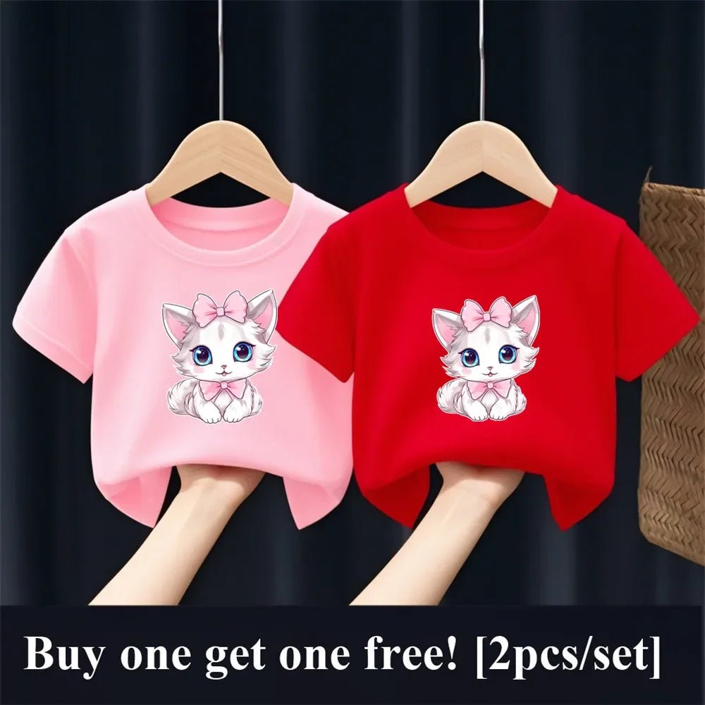 2pcs Girls Fashion Summer T Shirt Cute Pink Cat Print T-Shirt Kids Short Sleeve Sister Matching Outfit Tops - PratSN