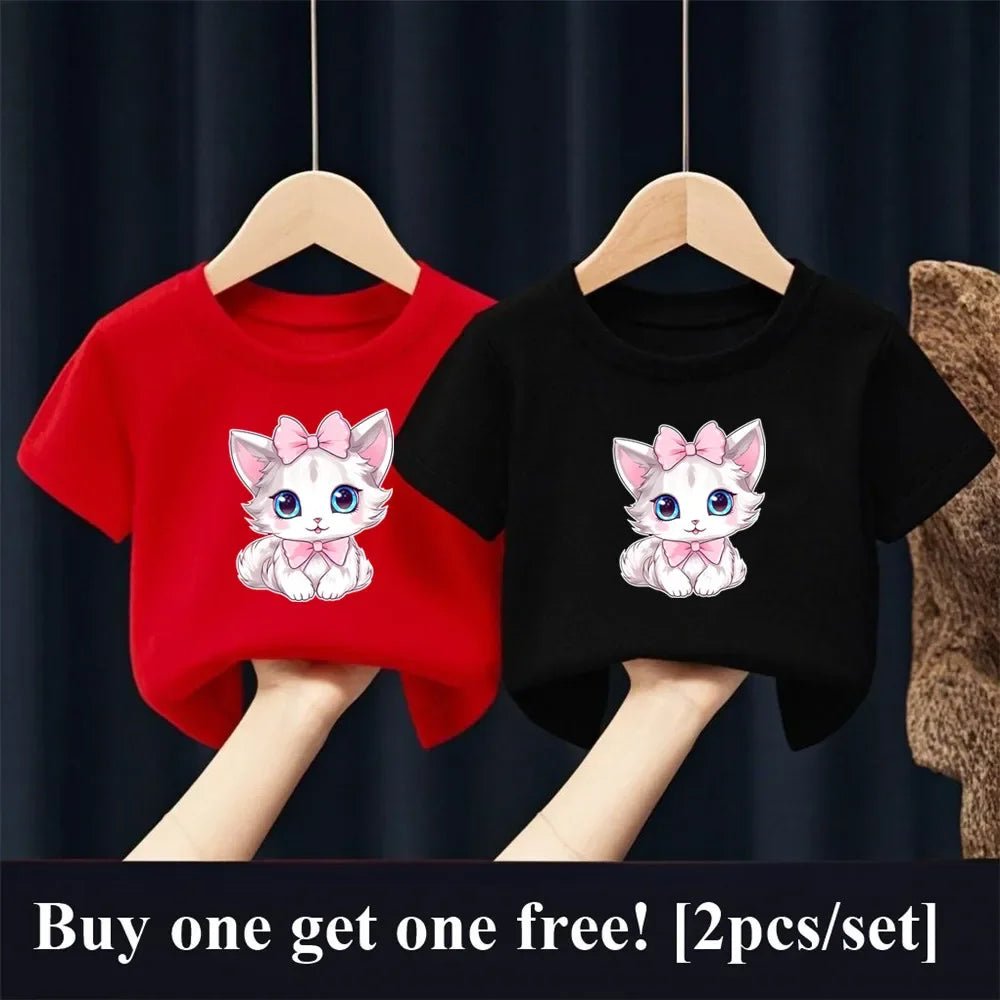2pcs Girls Fashion Summer T Shirt Cute Pink Cat Print T-Shirt Kids Short Sleeve Sister Matching Outfit Tops - PratSN