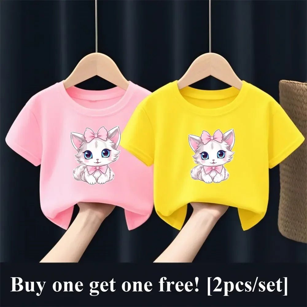 2pcs Girls Fashion Summer T Shirt Cute Pink Cat Print T-Shirt Kids Short Sleeve Sister Matching Outfit Tops - PratSN