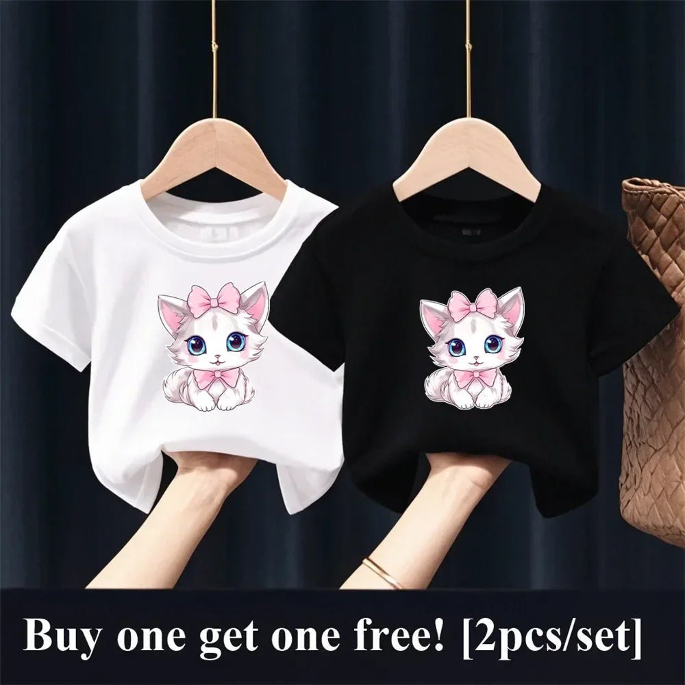 2pcs Girls Fashion Summer T Shirt Cute Pink Cat Print T-Shirt Kids Short Sleeve Sister Matching Outfit Tops - PratSN