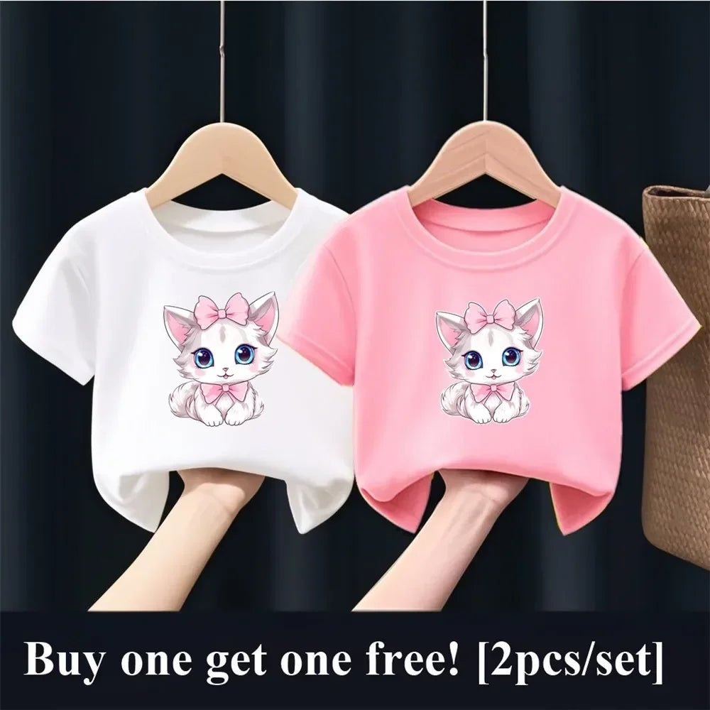 2pcs Girls Fashion Summer T Shirt Cute Pink Cat Print T-Shirt Kids Short Sleeve Sister Matching Outfit Tops - PratSN