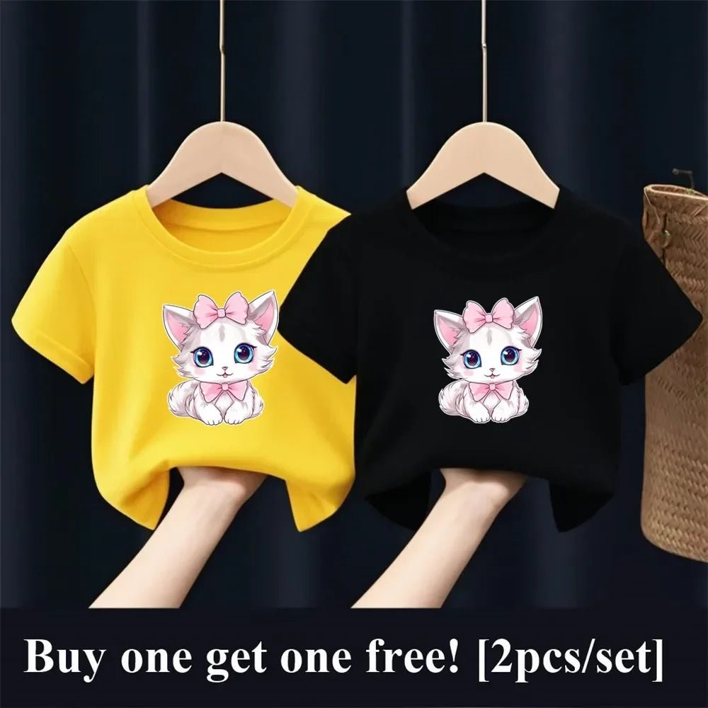 2pcs Girls Fashion Summer T Shirt Cute Pink Cat Print T-Shirt Kids Short Sleeve Sister Matching Outfit Tops - PratSN
