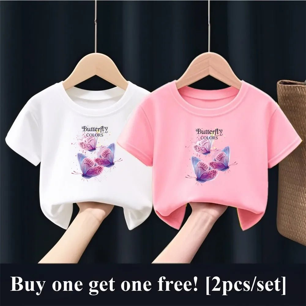 2pcs Girls Fashion Summer T Shirt Cute Pink Cat Print T-Shirt Kids Short Sleeve Sister Matching Outfit Tops - PratSN