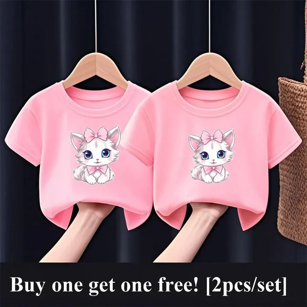 2pcs Girls Fashion Summer T Shirt Cute Pink Cat Print T-Shirt Kids Short Sleeve Sister Matching Outfit Tops - PratSN