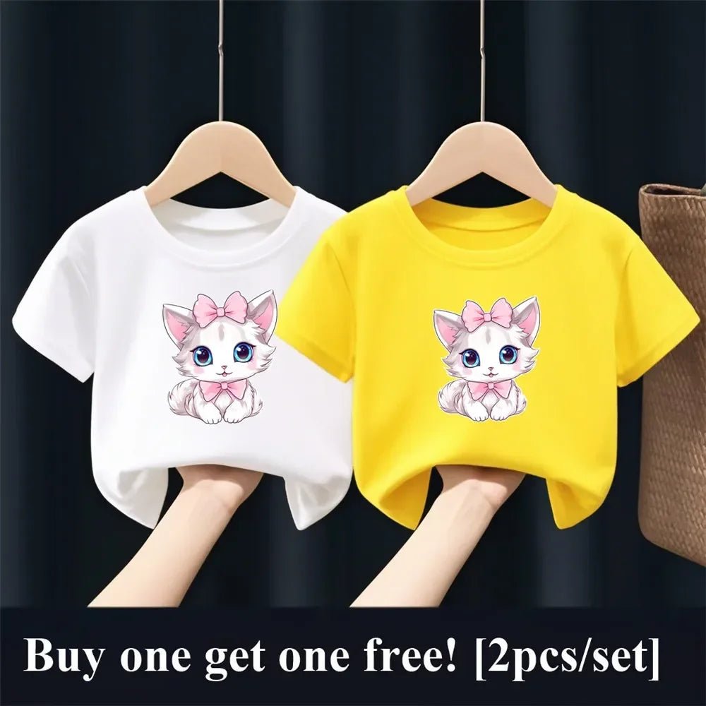 2pcs Girls Fashion Summer T Shirt Cute Pink Cat Print T-Shirt Kids Short Sleeve Sister Matching Outfit Tops - PratSN