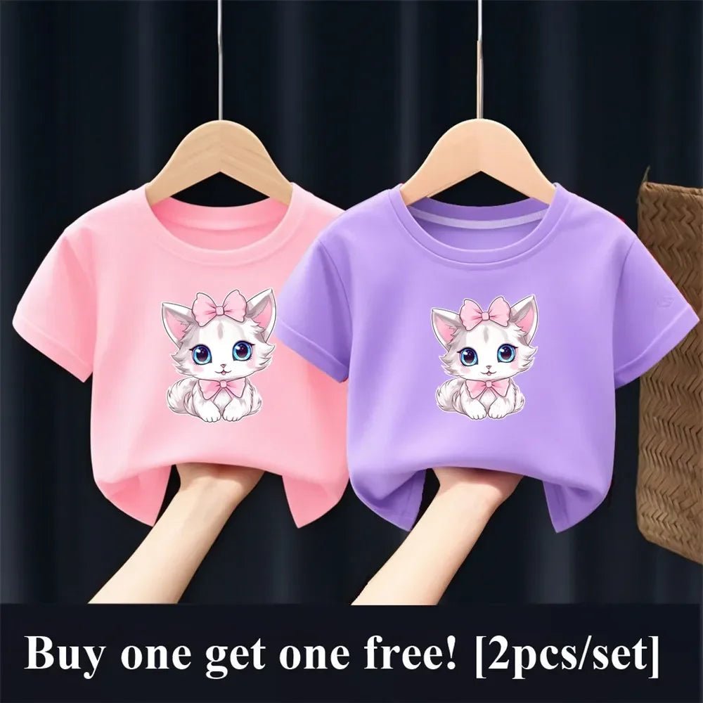 2pcs Girls Fashion Summer T Shirt Cute Pink Cat Print T-Shirt Kids Short Sleeve Sister Matching Outfit Tops - PratSN