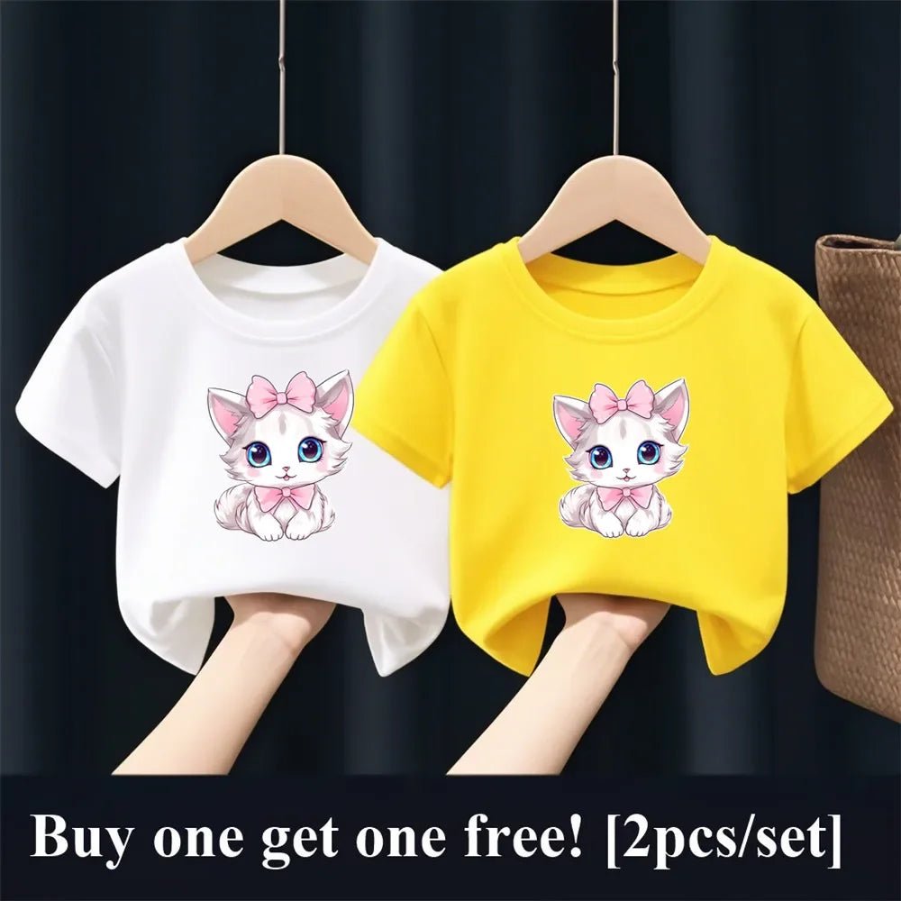 2pcs Girls Fashion Summer T Shirt Cute Pink Cat Print T-Shirt Kids Short Sleeve Sister Matching Outfit Tops - PratSN