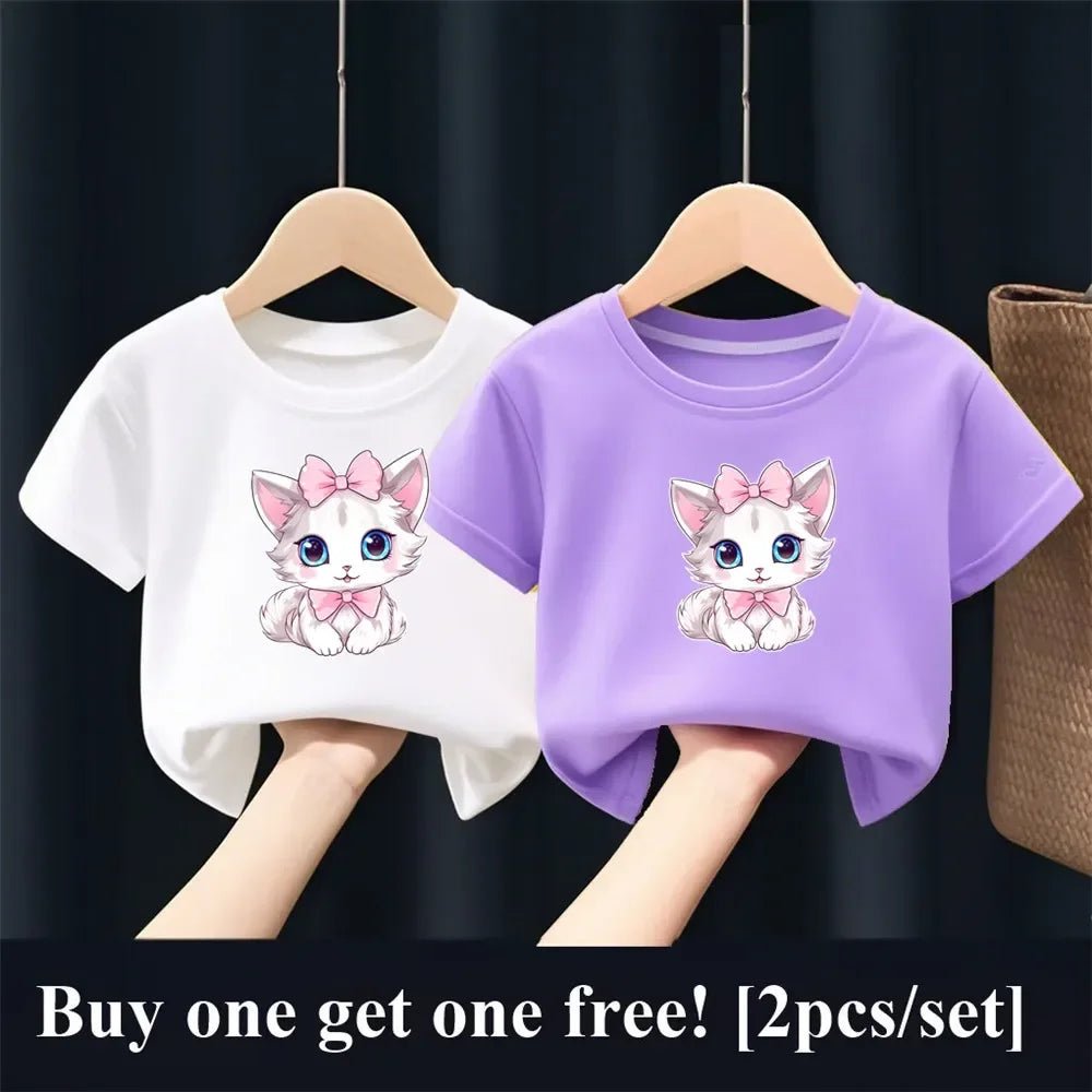 2pcs Girls Fashion Summer T Shirt Cute Pink Cat Print T-Shirt Kids Short Sleeve Sister Matching Outfit Tops - PratSN