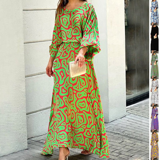 2pcs Women's Dress Suits Fashion Loose Printed Long Sleeve Top And High Waist Long Skirt - PratSN