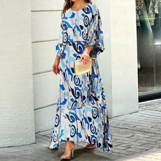 2pcs Women's Dress Suits Fashion Loose Printed Long Sleeve Top And High Waist Long Skirt - PratSN