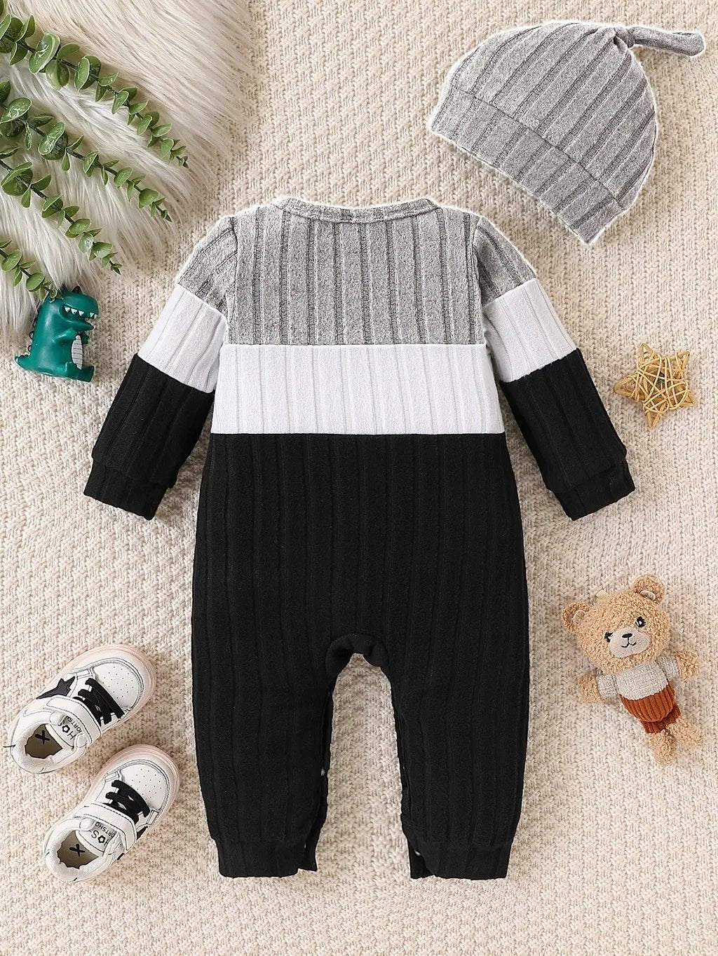 3 Colours Autumn Bodysuits Newborn Baby Boy Long Sleeve Colour Block Romper+Hat Simple Onesie Jumpsuit for Toddlers 1 - 18Months - PratSN