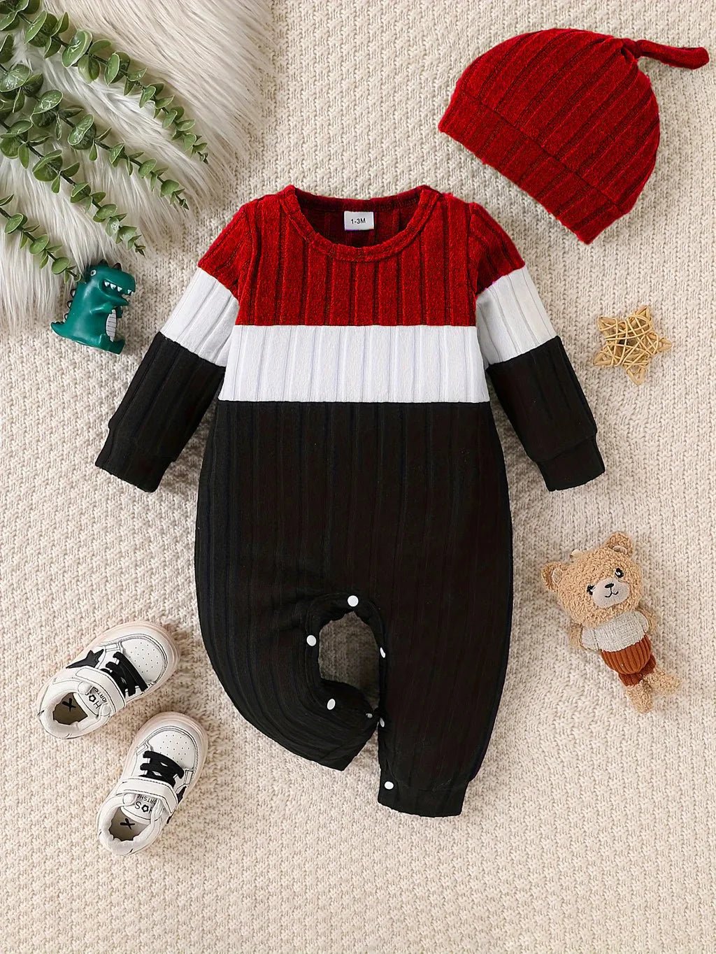 3 Colours Autumn Bodysuits Newborn Baby Boy Long Sleeve Colour Block Romper+Hat Simple Onesie Jumpsuit for Toddlers 1 - 18Months - PratSN