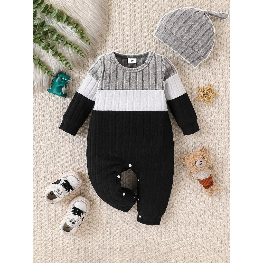 3 Colours Autumn Bodysuits Newborn Baby Boy Long Sleeve Colour Block Romper+Hat Simple Onesie Jumpsuit for Toddlers 1 - 18Months - PratSN