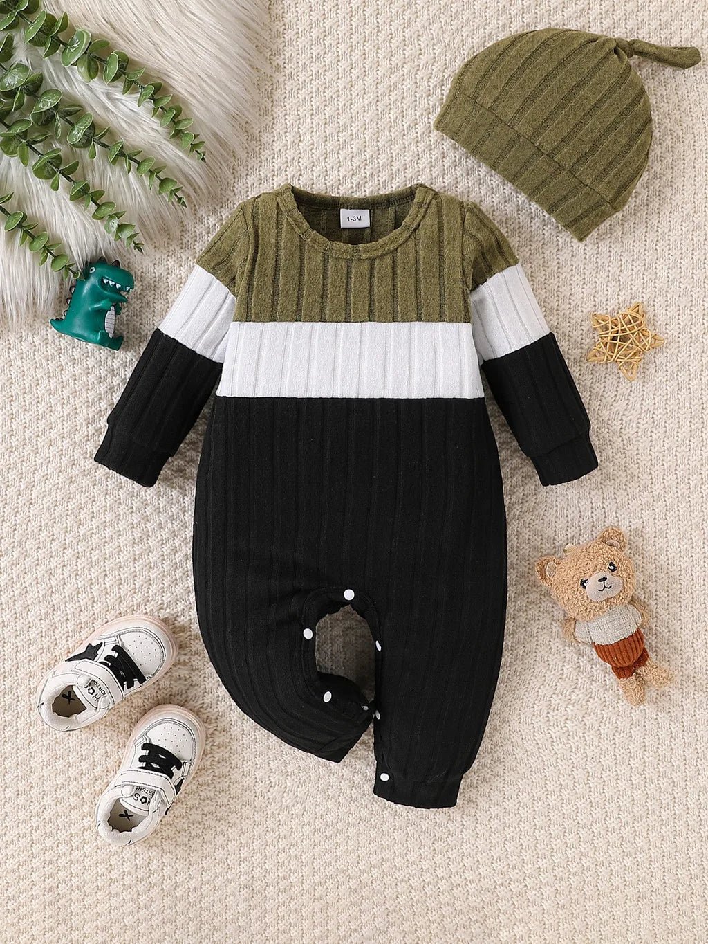 3 Colours Autumn Bodysuits Newborn Baby Boy Long Sleeve Colour Block Romper+Hat Simple Onesie Jumpsuit for Toddlers 1 - 18Months - PratSN