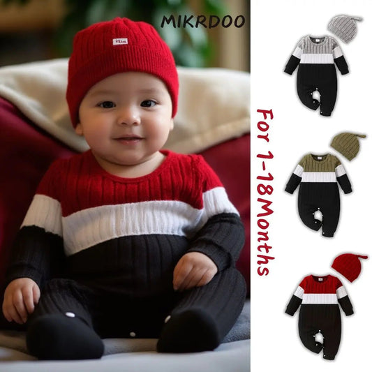 3 Colours Autumn Bodysuits Newborn Baby Boy Long Sleeve Colour Block Romper+Hat Simple Onesie Jumpsuit for Toddlers 1 - 18Months - PratSN