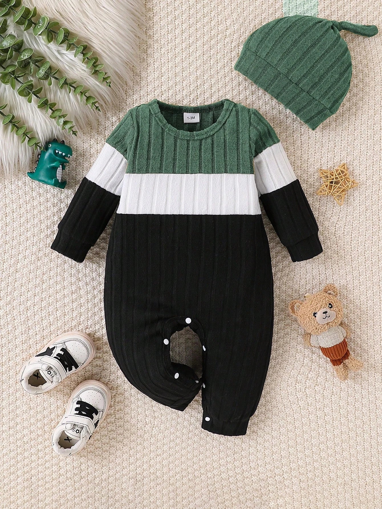 3 Colours Autumn Bodysuits Newborn Baby Boy Long Sleeve Colour Block Romper+Hat Simple Onesie Jumpsuit for Toddlers 1 - 18Months - PratSN