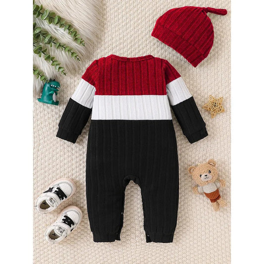3 Colours Autumn Bodysuits Newborn Baby Boy Long Sleeve Colour Block Romper+Hat Simple Onesie Jumpsuit for Toddlers 1 - 18Months - PratSN
