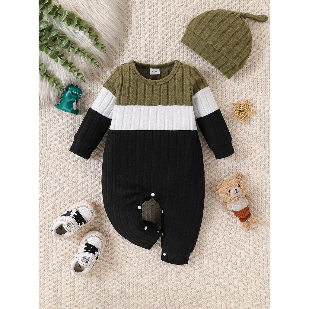 3 Colours Autumn Bodysuits Newborn Baby Boy Long Sleeve Colour Block Romper+Hat Simple Onesie Jumpsuit for Toddlers 1 - 18Months - PratSN